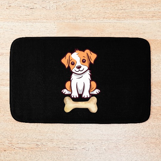 Cute White and brown dog with bone Bath Mats