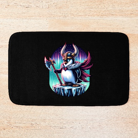 Viking Penguin Warrior Under Northern Lights Bath Mats