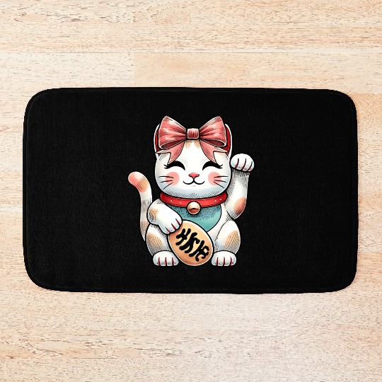 Coquette Bow Maneki Neko Japanese Cat Lucky Pink Bath Mats