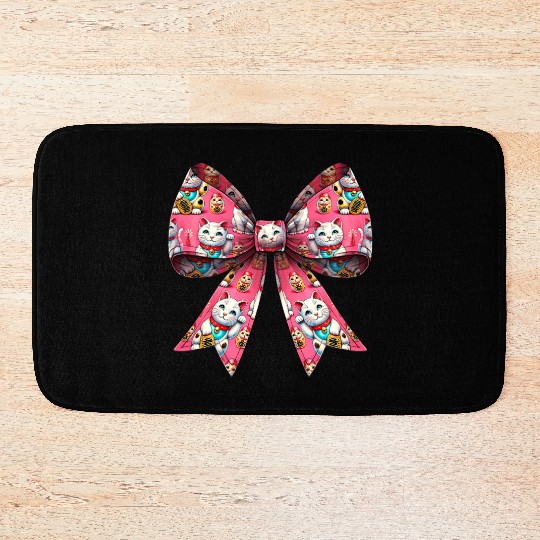 Coquette Bow Maneki Neko Japanese Cat Lucky Pink Bath Mats