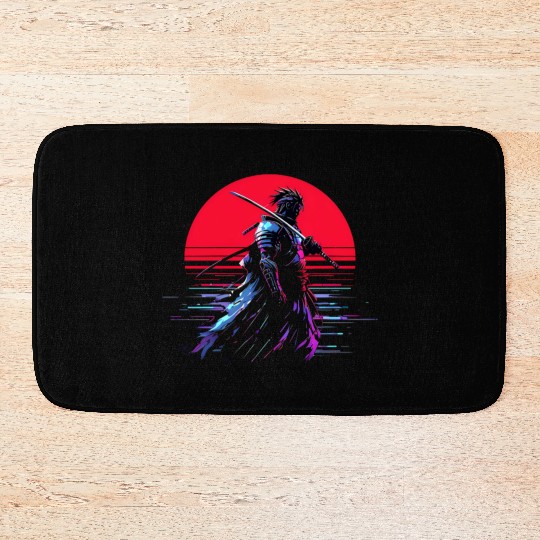 Cyberpunk Samurai Warrior Under Neon Moon Bath Mats