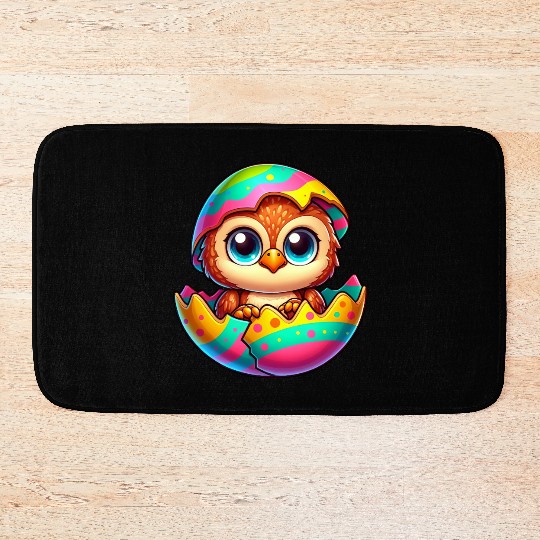 Cute Owl Easter Egg Cartoon Hatching Colorful Bath Mats