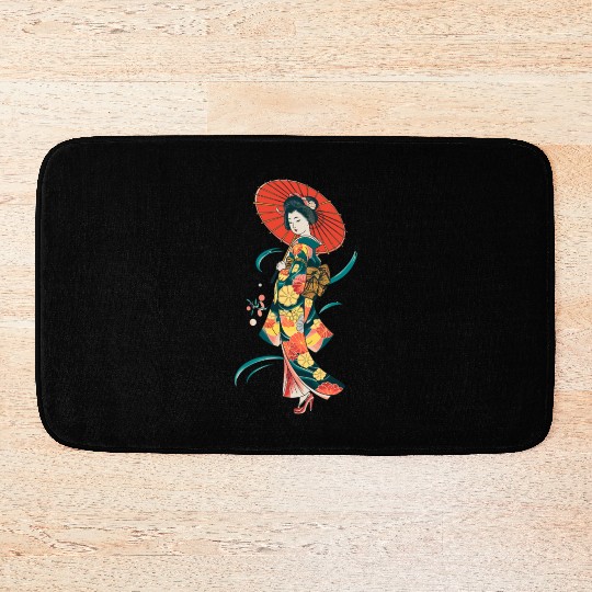 Elegant Geisha with Red Parasol and Floral Kimono Bath Mats