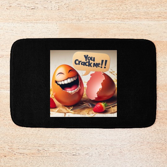 A cracked Easter egg laughing with the caption Bath Mats