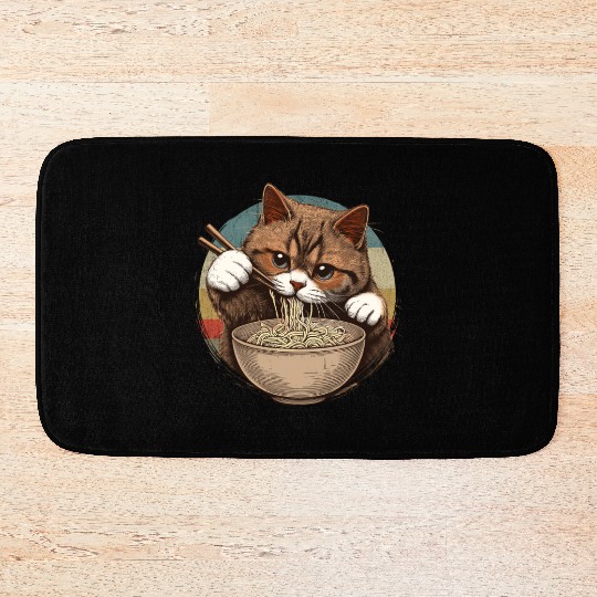 Vintage Noodle Cat,Ramen Foodie Lover Bath Mats