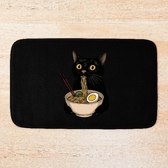 Black Cat Eating Ramen Noodles, Cute Japanese Food Bath Mats