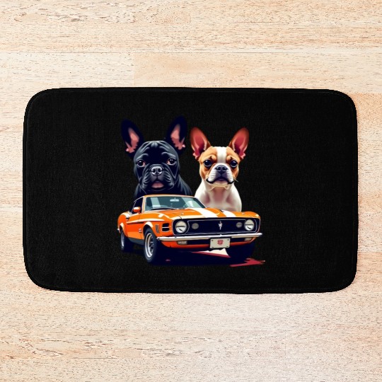 French Bulldogs with Classic Muscle Car – Retro Vi Bath Mats