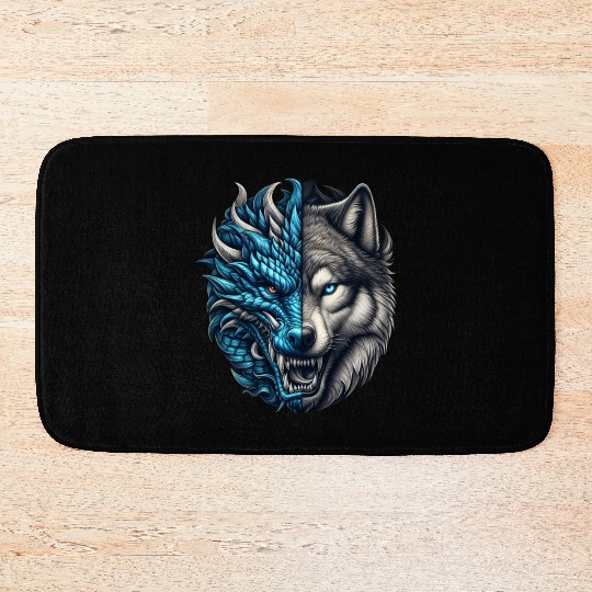 Dragon Wolf Fusion - Epic Beast Split Face Art Bath Mats