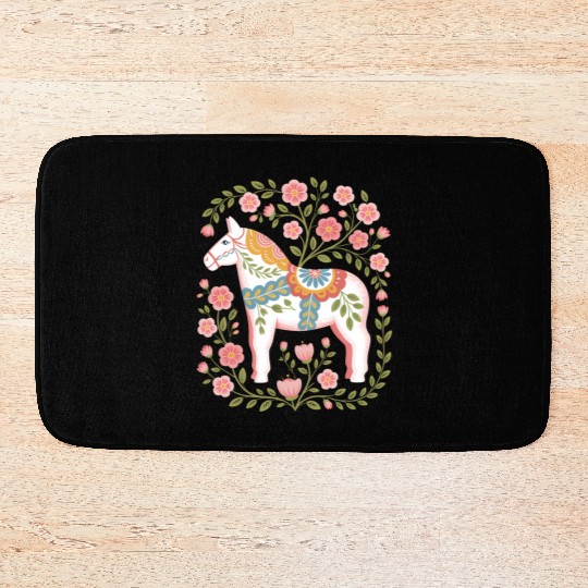 Swedish Spring Dala Horse Floral Art Bath Mats