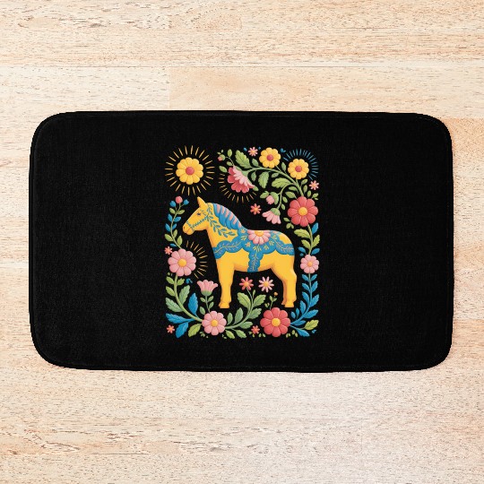 Sunny Summer Dala Horse with Flowers Bath Mats