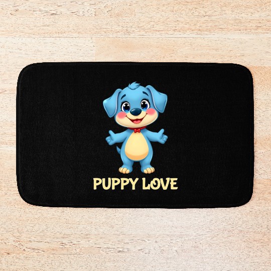 Blue Puppy Love Cartoon - Playful Pet Character Bath Mats