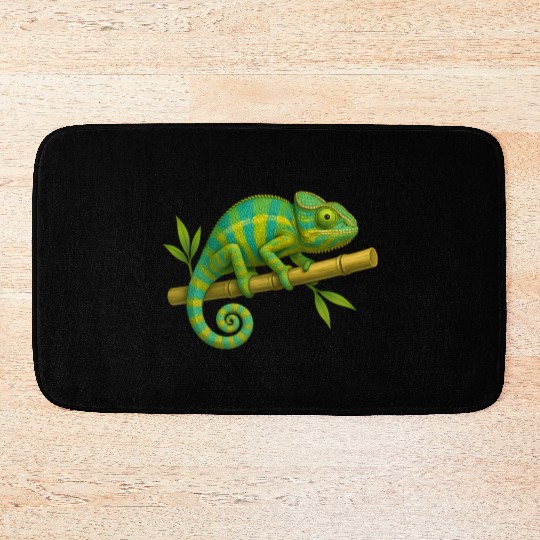 Colorful Chameleon on Bamboo Branch Bath Mats