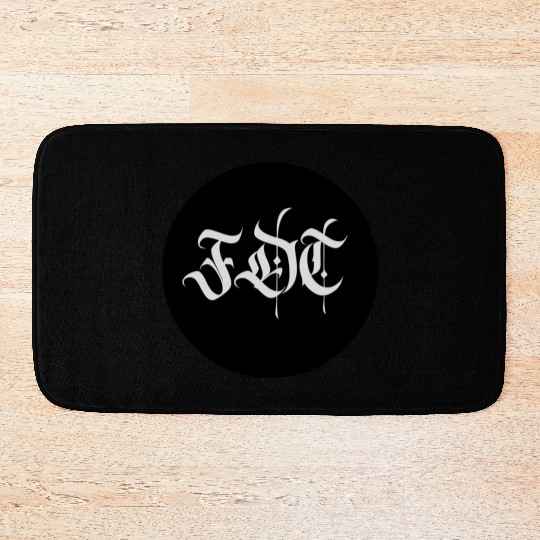 Ornate Gothic Lettering FDT in Light Grey on Black Bath Mats