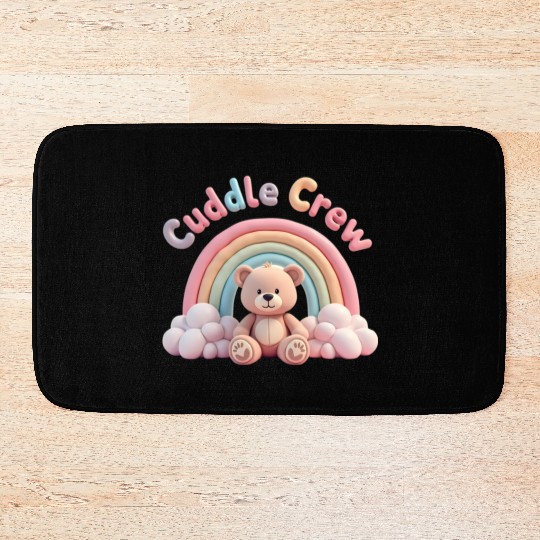 Soft teddy bear sitting under a rainbow Bath Mats