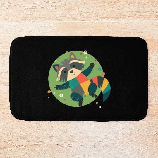 colorful raccoon lies relaxed in the green grass Bath Mats
