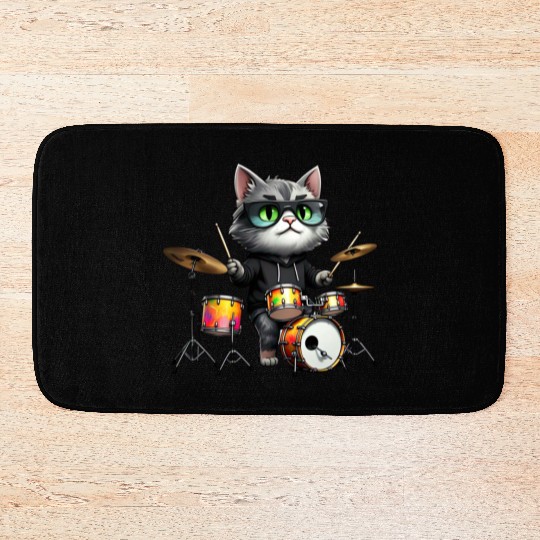 Gray Cat with Neon Drums Bath Mats