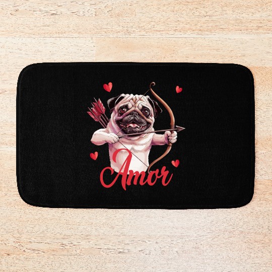 Amor Cupid Pug with Bow and Hearts Bath Mats