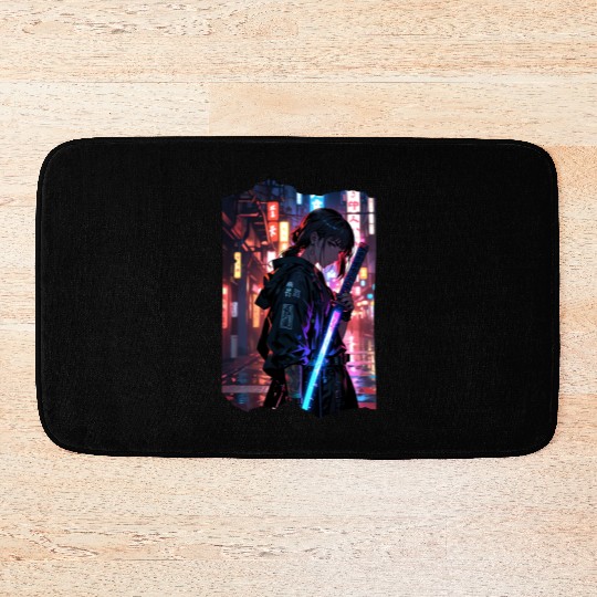 Cyberpunk Samurai Girl Bath Mats