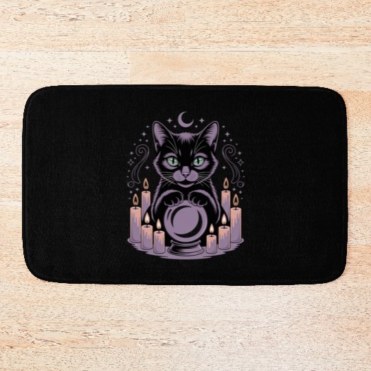 Witchy Cat with Crystal Ball and Candles Bath Mats