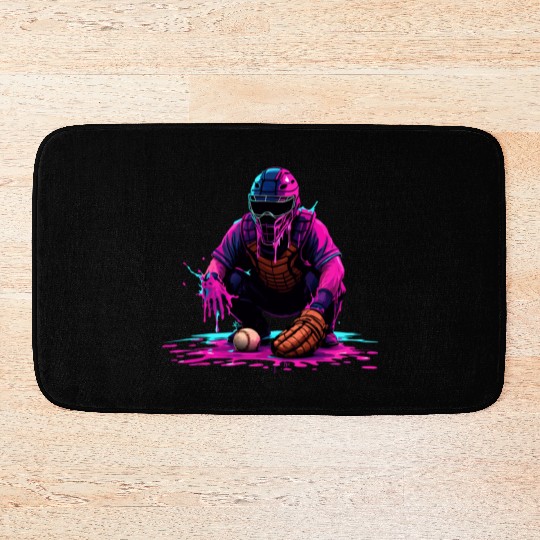 Neon Baseball Catcher Art Cool Vaporwave Sports Bath Mats