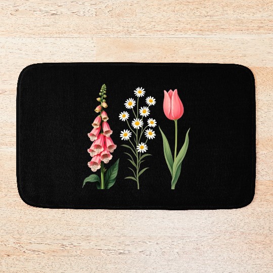 Foxglove Daisy Tulip Vintage Botanical Flowers Bath Mats