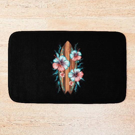 Hawaiian Surfer Surfing Beach Surfboard Hibiscus Bath Mats