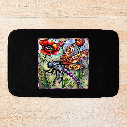 Dragonfly stained glass poppy flower insect eye Bath Mats