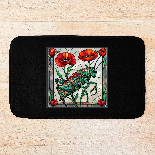 Grasshopper cricket stained glass poppy flower Bath Mats