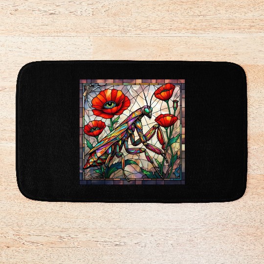 Praying mantis stained glass vibrant poppy flower Bath Mats