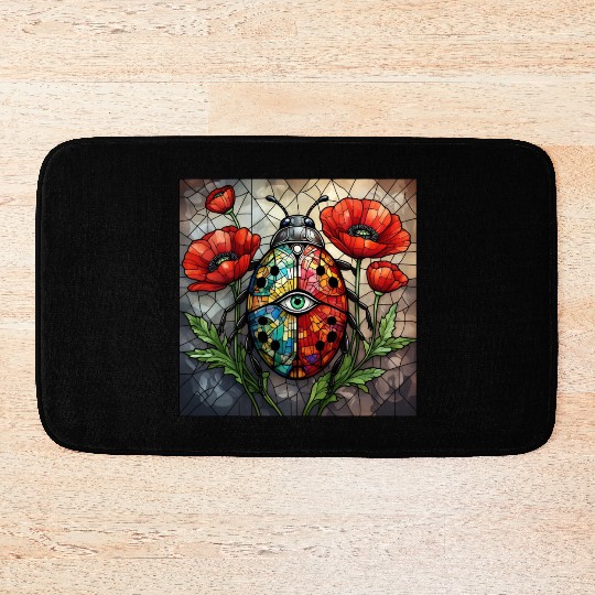 Ladybug stained glass vibrant poppy flower insect Bath Mats