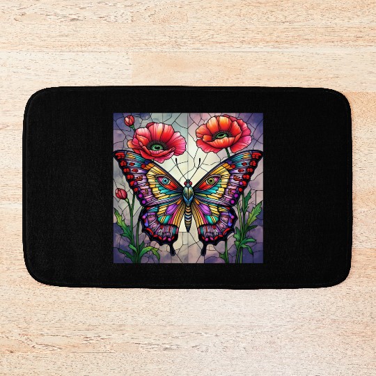 Butterfly stained glass design vibrant poppy Bath Mats