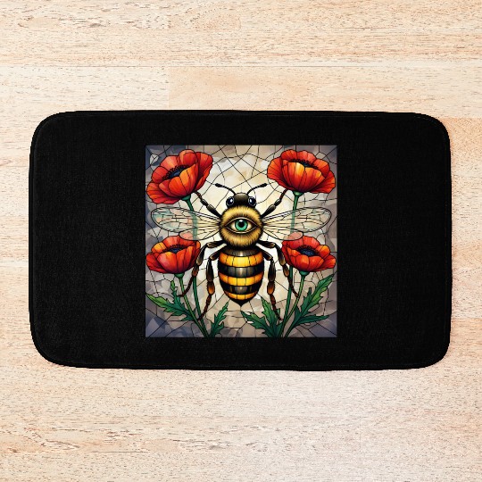 Bumble bee stained glass vibrant poppy flower eye Bath Mats