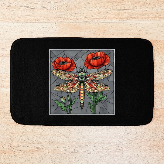 Dragonfly stained glass design vibrant poppy eye Bath Mats