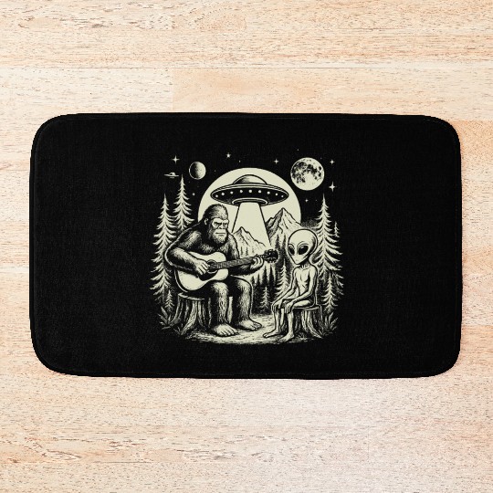 Bigfoot Playing Guitar With Alien And UFO Vintage Bath Mats