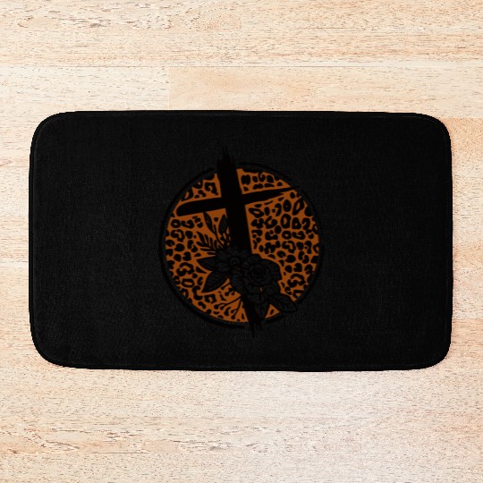 Leopard Print Cross with Flowers Bath Mats