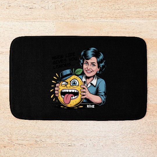 Smiling woman holding sour lemon cartoon face Bath Mats
