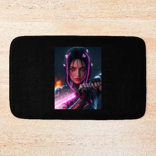 Cyberpunk Samurai Girl Bath Mats