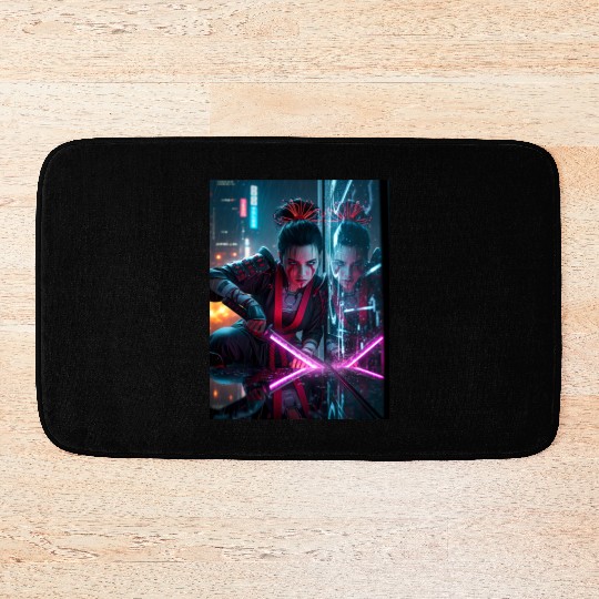 Cyberpunk Samurai Girl Bath Mats