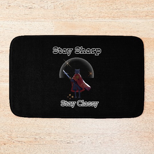 Elegant Cat Warrior with Sword Illustration Bath Mats