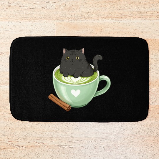 Charming Cat in Green Matcha Cup Bath Mats