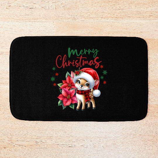 Festive Christmas Puppy with Poinsettia Bath Mats