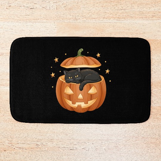 Black Cat in Jack-O-Lantern Pumpkin Bath Mats