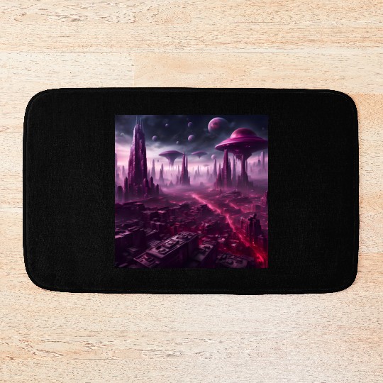 Sci-Fi Future World And Alien City in Neon Pink Bath Mats