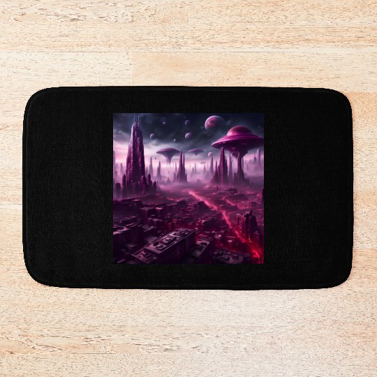 Sci-Fi Future World And Alien City in Neon Pink Bath Mats