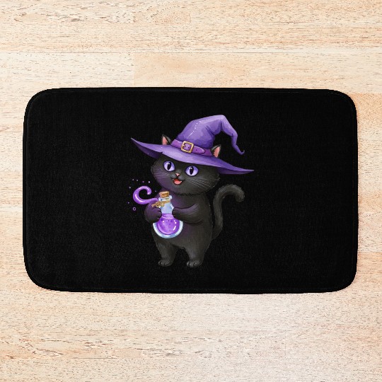 Enchanting Black Cat Witch Illustration Bath Mats