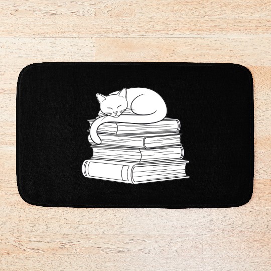 Sleeping Cat on Books Bath Mats