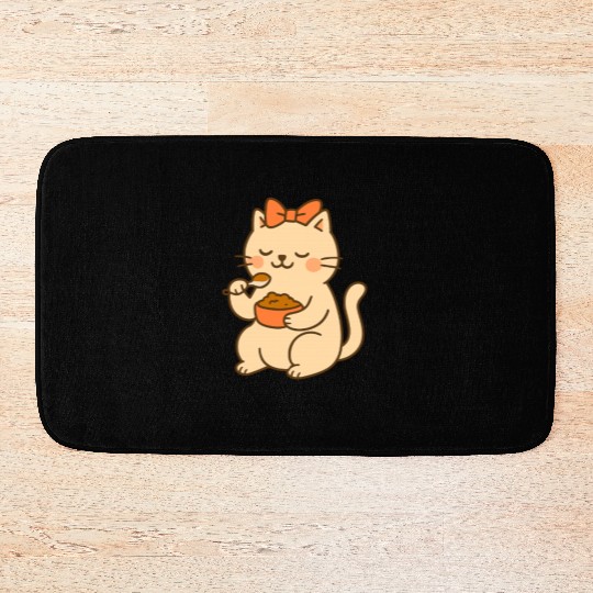 Cute Cat with Bow Eating SoupCute Kawaii Cat Eatin Bath Mats