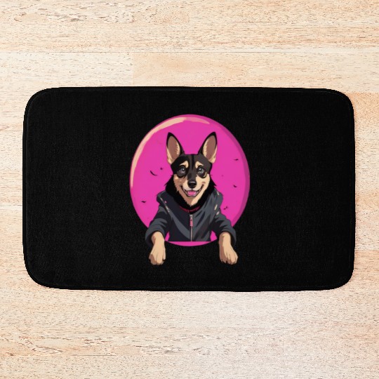 Playful Dog Portrait with Pink Moon Background Bath Mats