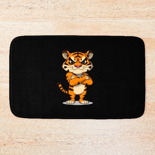 grumpy tiger cartoon animal illustration Bath Mats