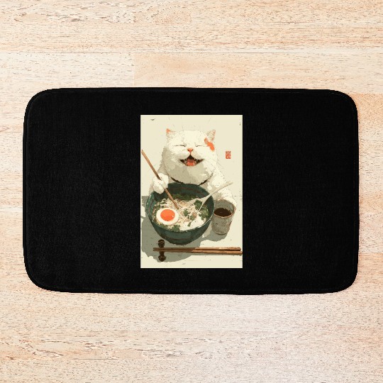 Happy White Cat Eating Ramen Bath Mats